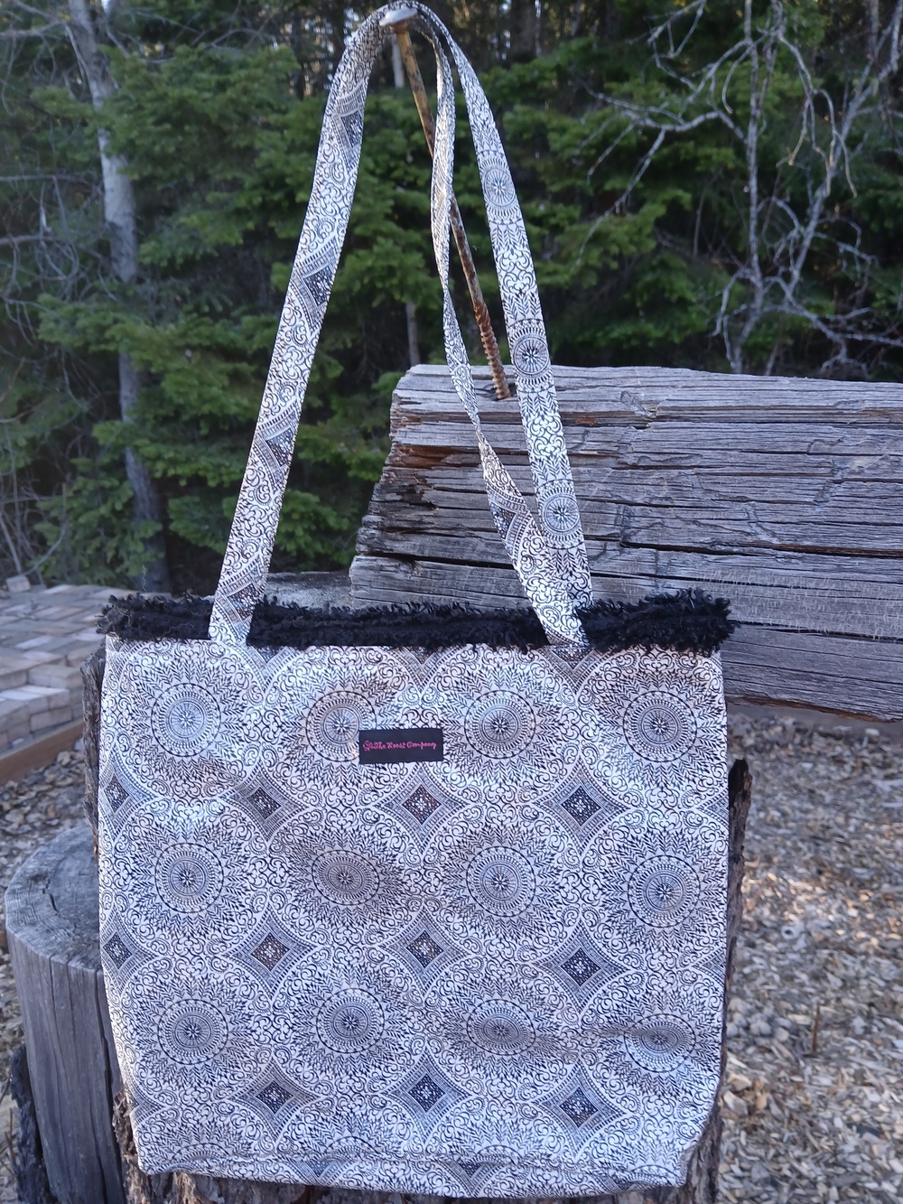 The Roost Company Boho Medallion Tote Bag Black & White Floral Toile Festival